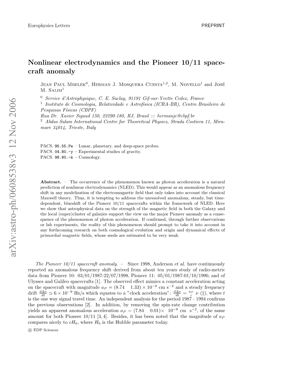 Astro-Ph/0608538V3 12 Nov 2006 Drift Lse N Aie Pccat 1.Teosre ﬀc Iisacons a Magnitude Mimics with Eﬀect Observed Spacecraft 05/ the the Ye 11: [1]