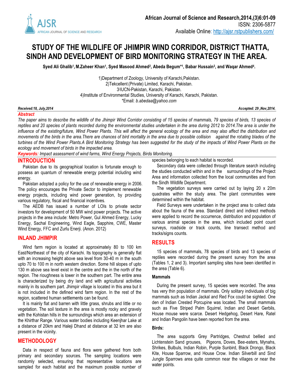 Study of the Wildlife of Jhimpir Wind Corridor, District Thatta, Sindh and Development of Bird Monitoring Strategy in the Area