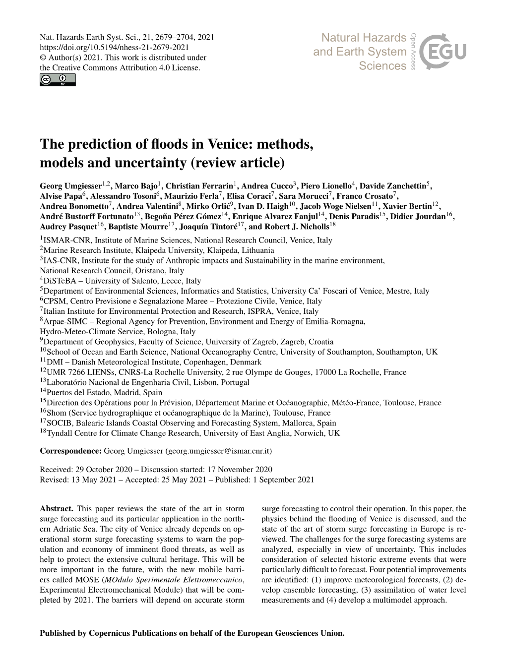 The Prediction of Floods in Venice: Methods, Models and Uncertainty