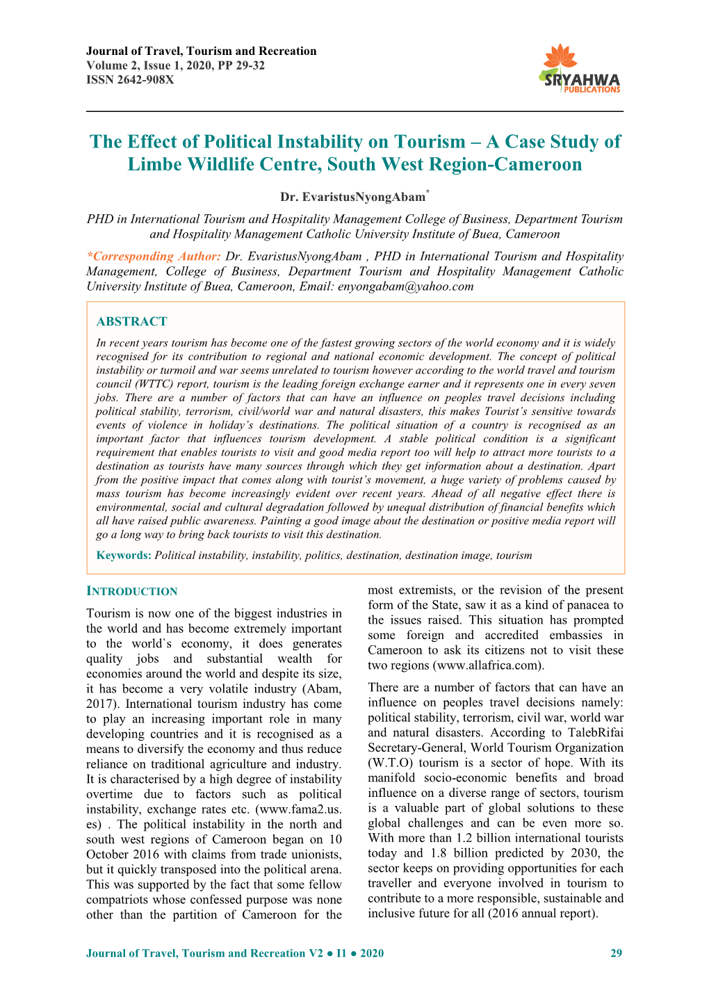 The Effect of Political Instability on Tourism – a Case Study of Limbe Wildlife Centre, South West Region-Cameroon