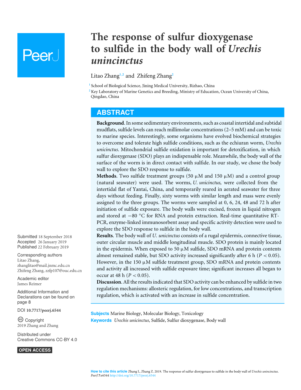 The Response of Sulfur Dioxygenase to Sulfide in the Body Wall of Urechis Unincinctus