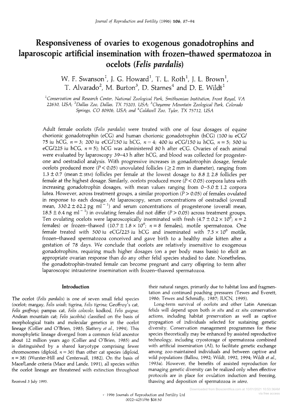 Exogenous Gonadotrophins and Ocelots (Felis Pardalis)