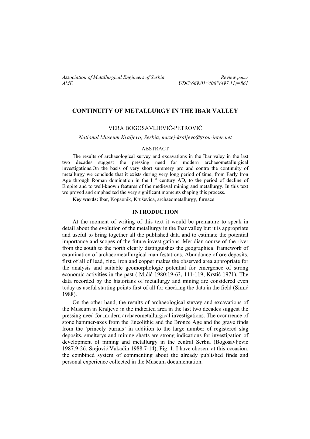 Continuity of Metallurgy in the Ibar Valley