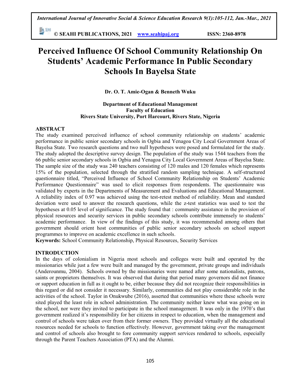 Perceived Influence of School Community Relationship on Students’ Academic Performance in Public Secondary Schools in Bayelsa State