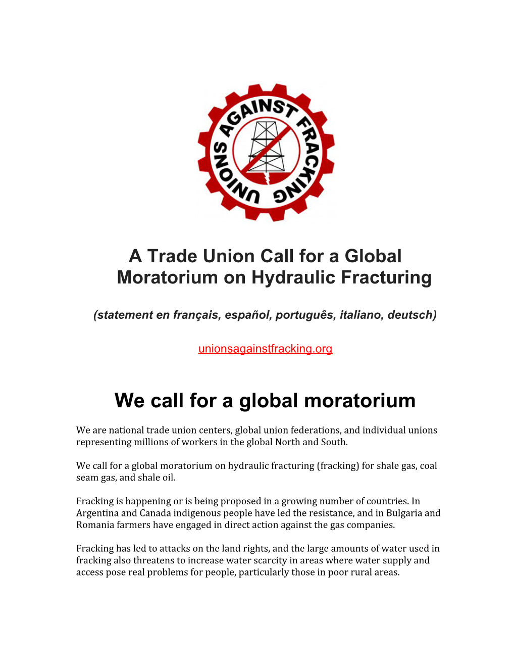 A Trade Union Call for a Global Moratorium on Hydraulic Fracturing