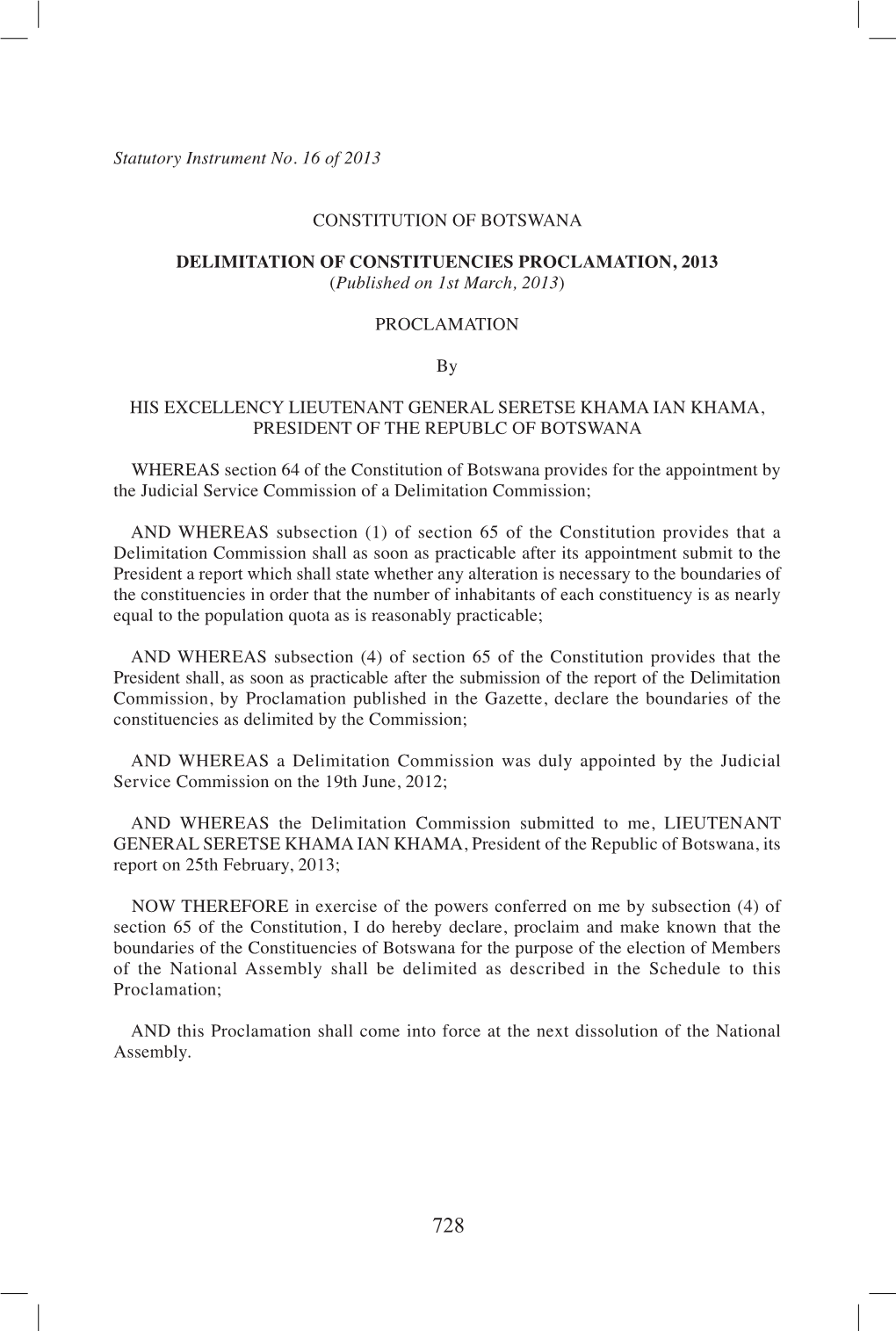 DELIMITATION of CONSTITUENCIES PROCLAMATION, 2013 Thousand and Thirteen