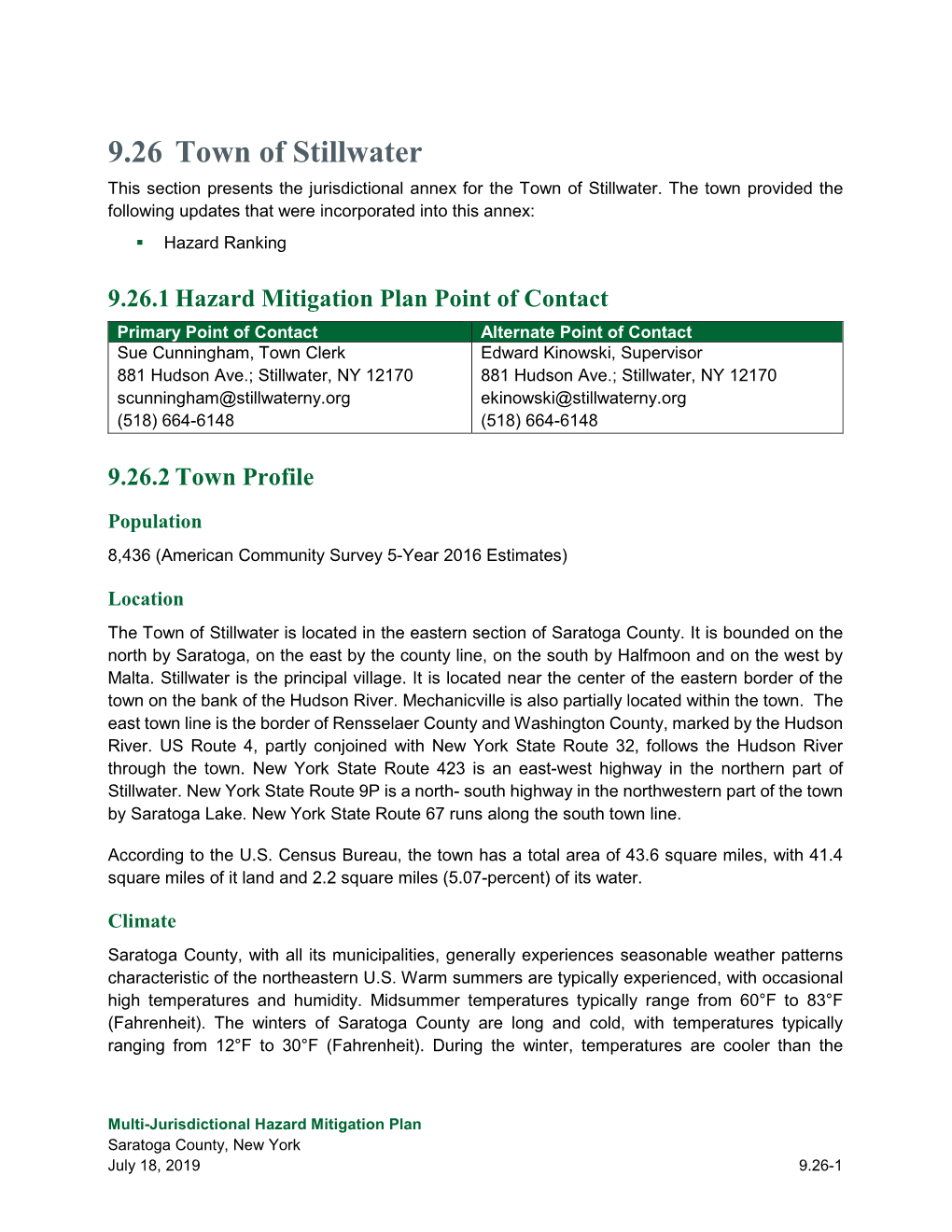 Town of Stillwater This Section Presents the Jurisdictional Annex for the Town of Stillwater