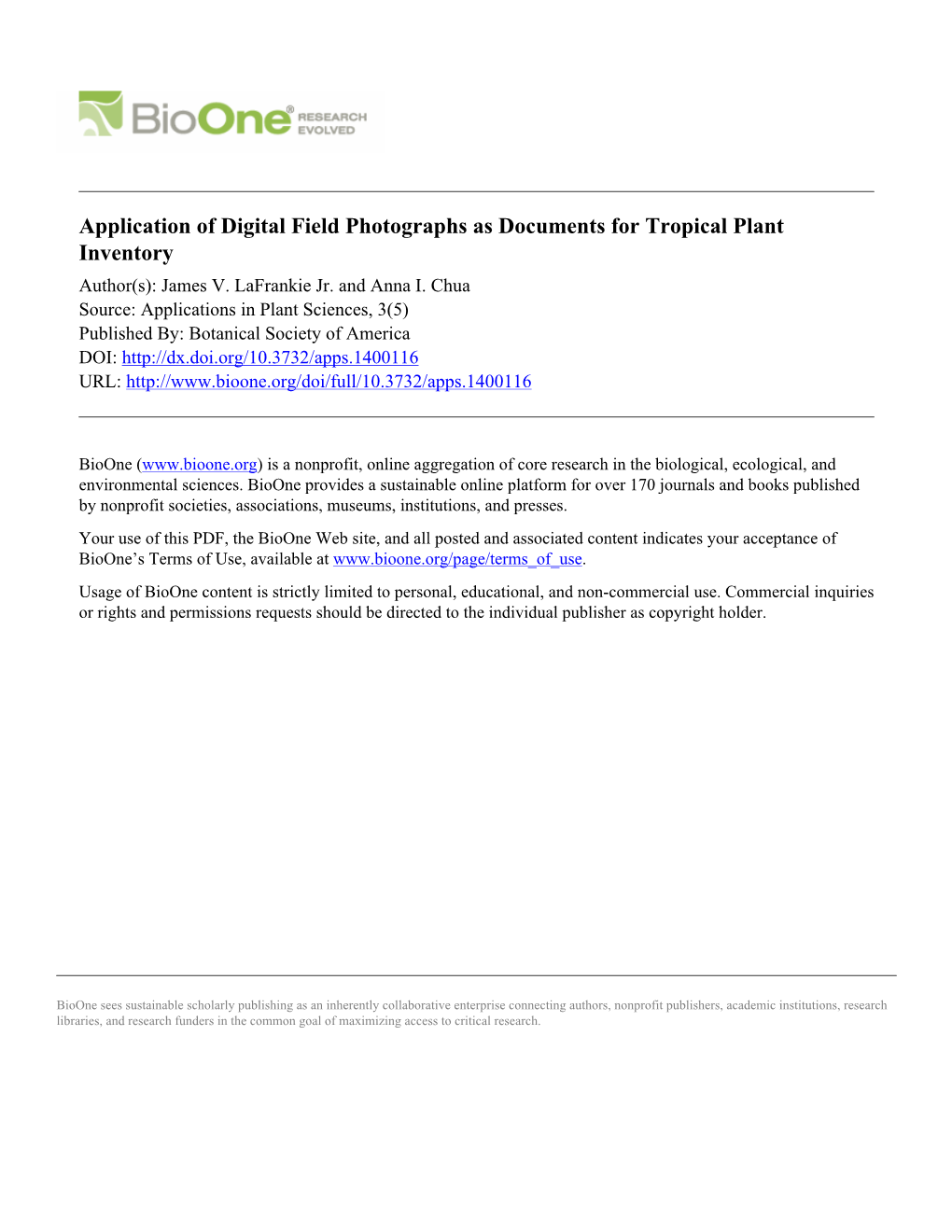 Application of Digital Field Photographs As Documents for Tropical Plant Inventory Author(S): James V