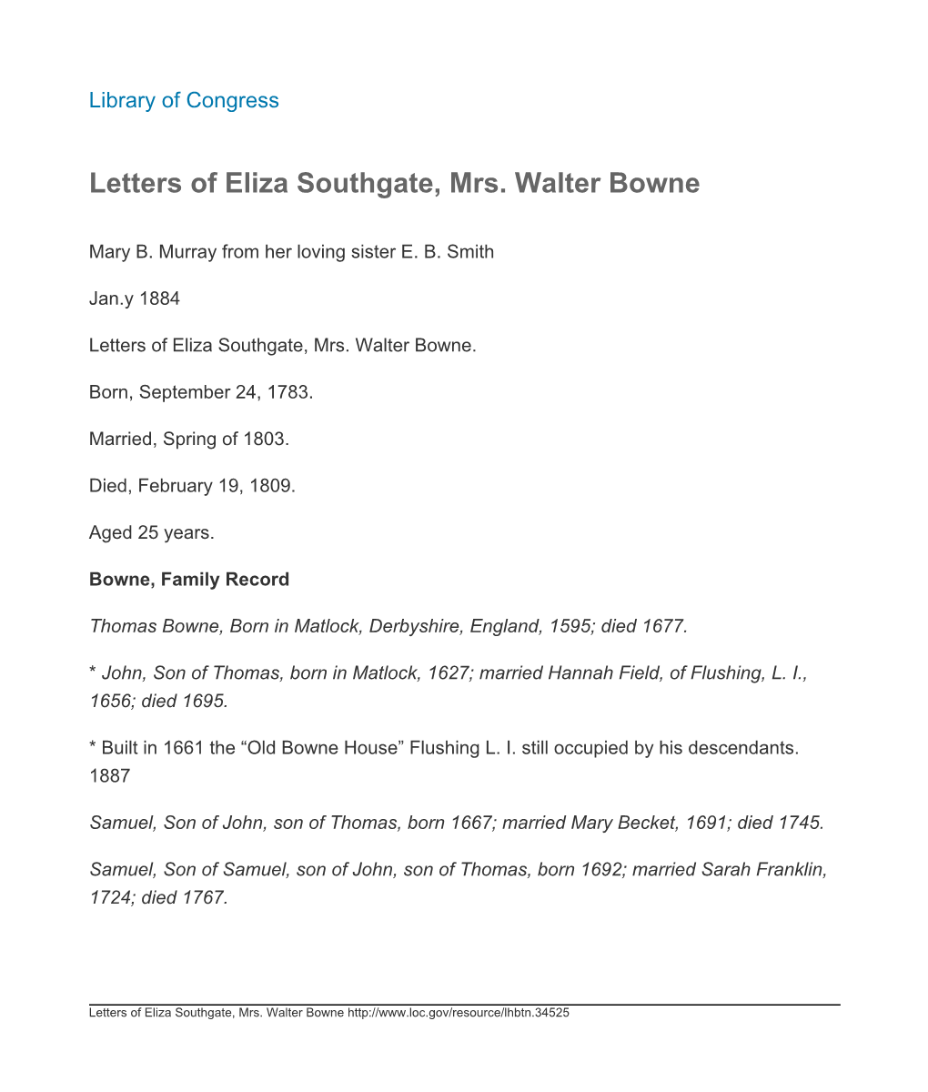 Letters of Eliza Southgate, Mrs. Walter Bowne