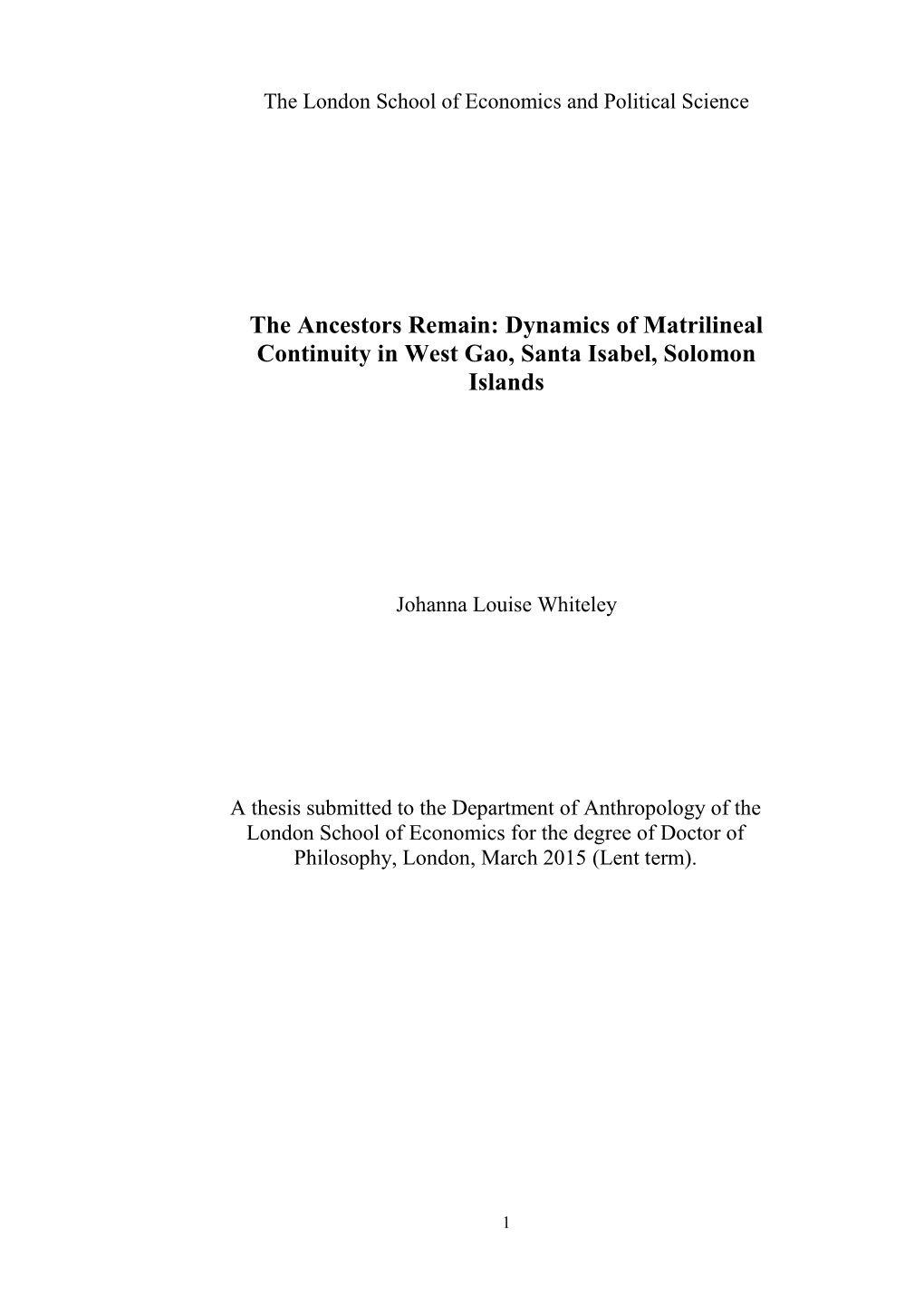 Dynamics of Matrilineal Continuity in West Gao, Santa Isabel, Solomon Islands