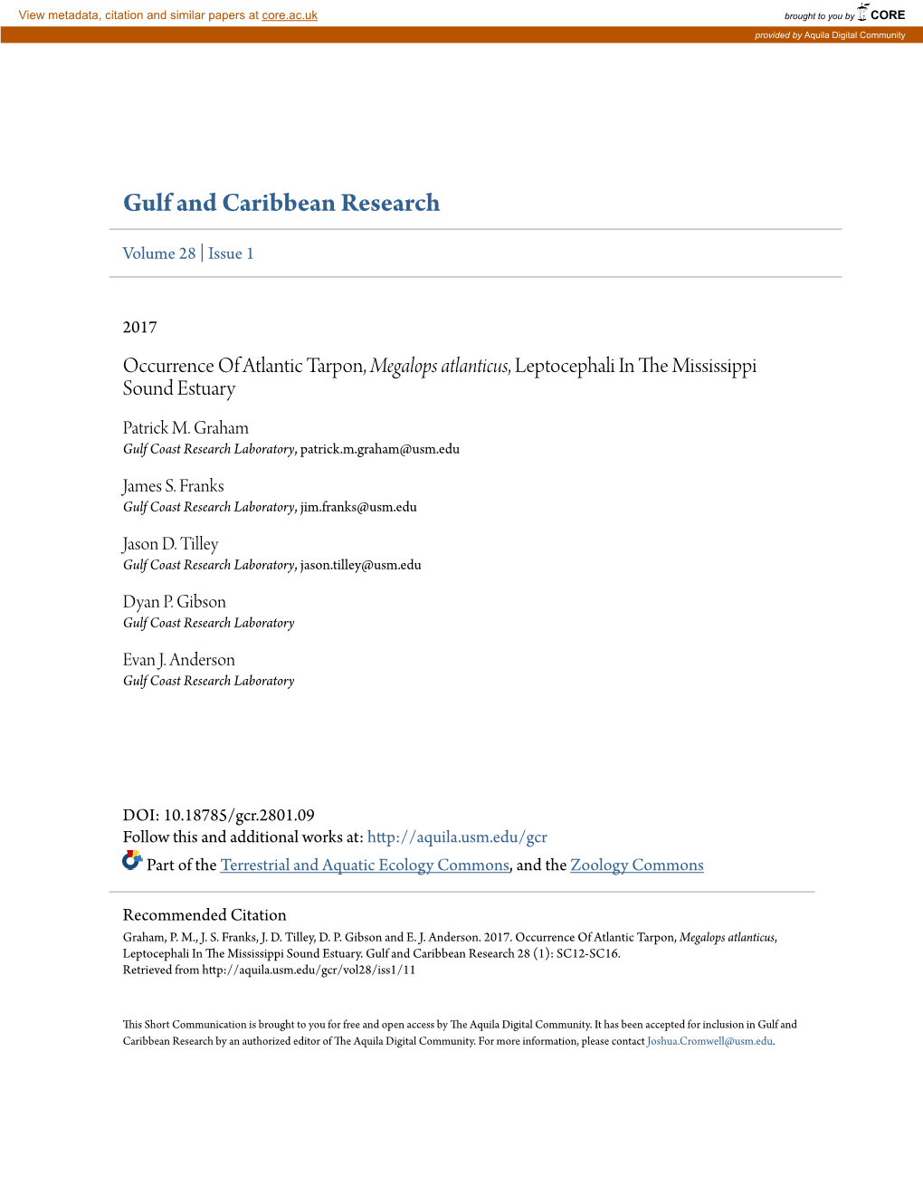 Occurrence of Atlantic Tarpon, Megalops Atlanticus, Leptocephali in the Im Ssissippi Sound Estuary Patrick M