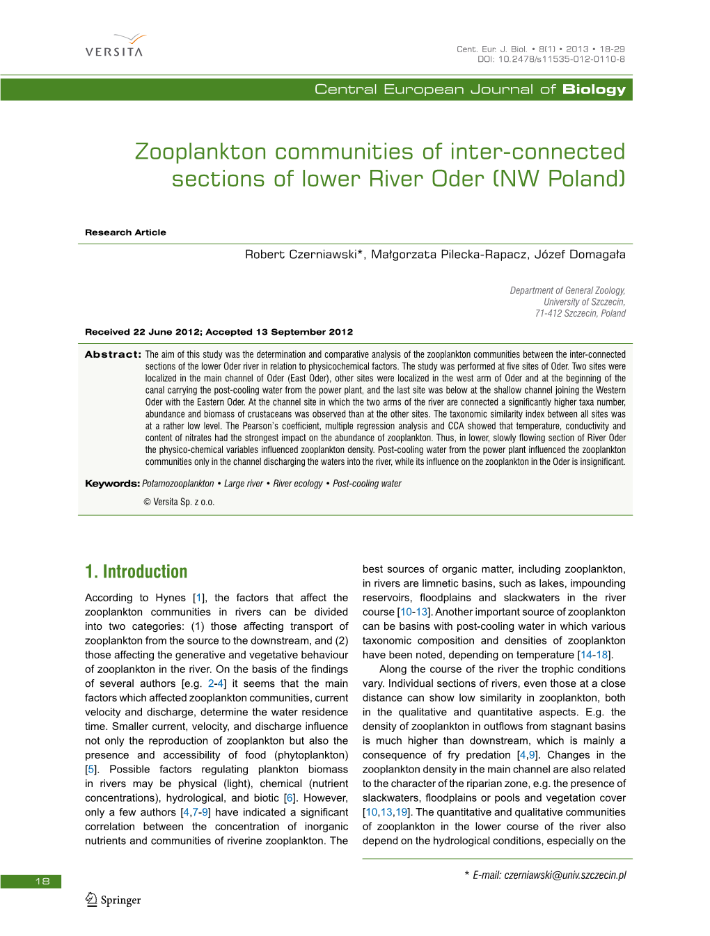 Zooplankton Communities of Inter-Connected Sections of Lower River Oder (NW Poland)