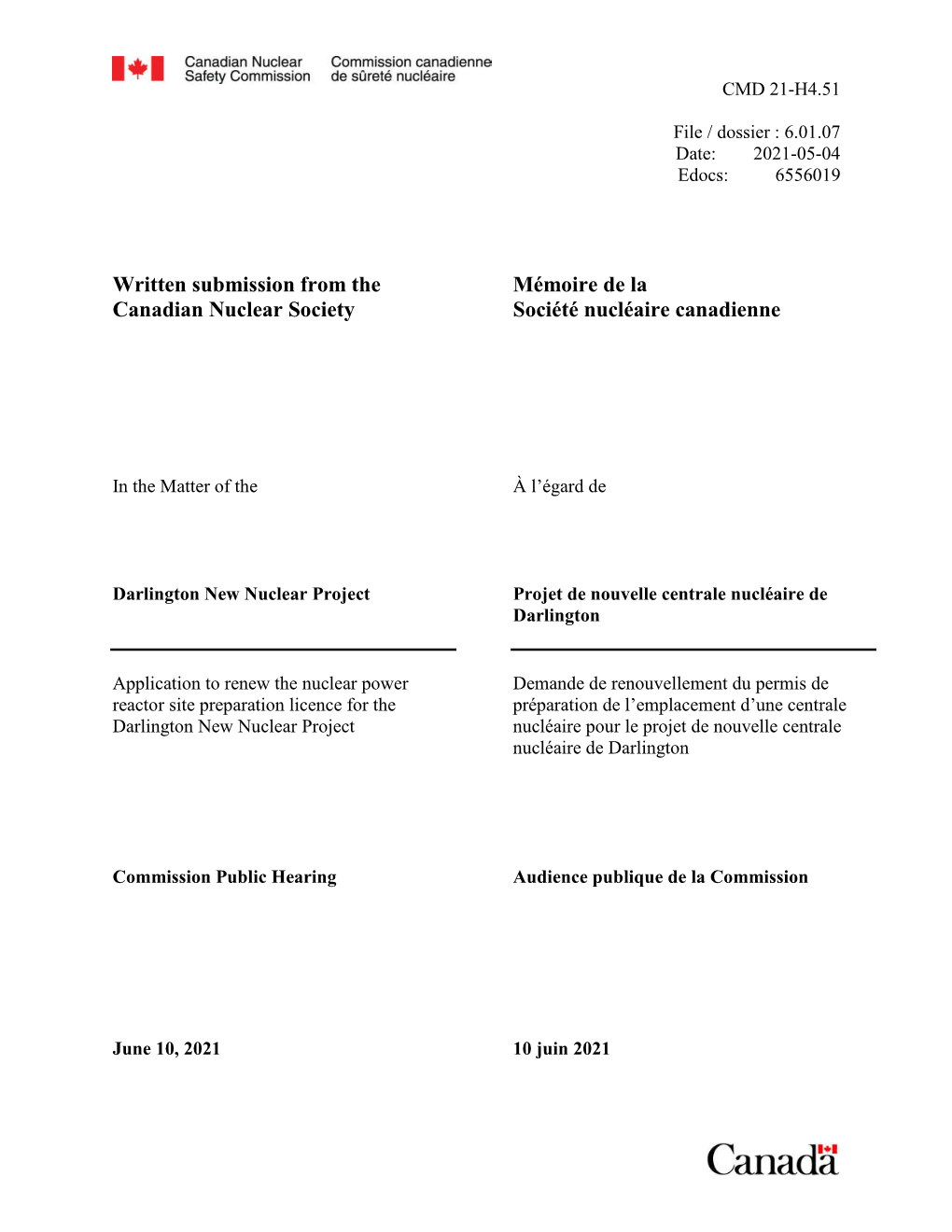 Written Submission from the Canadian Nuclear Society Mémoire De La Société Nucléaire Canadienne