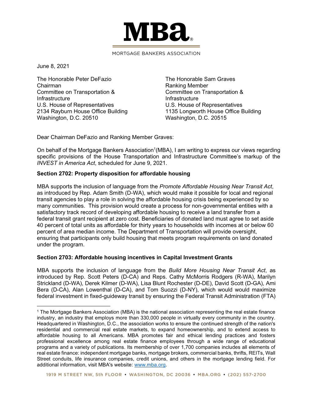 MBA Letter on 6/9 House Transportation and Infrastructure