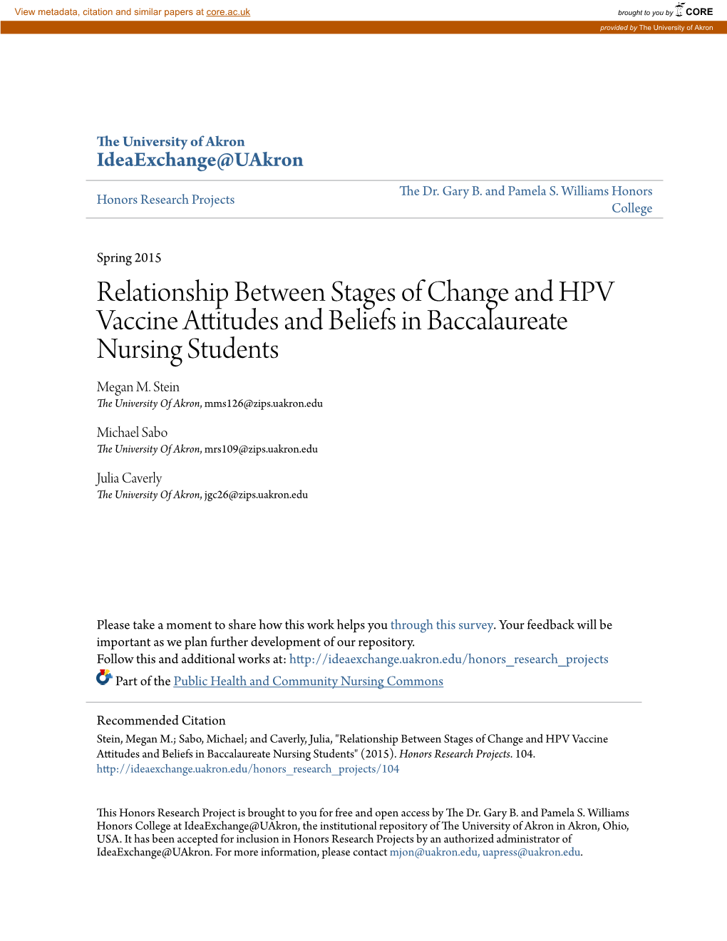 Relationship Between Stages of Change and HPV Vaccine Attitudes and Beliefs in Baccalaureate Nursing Students Megan M