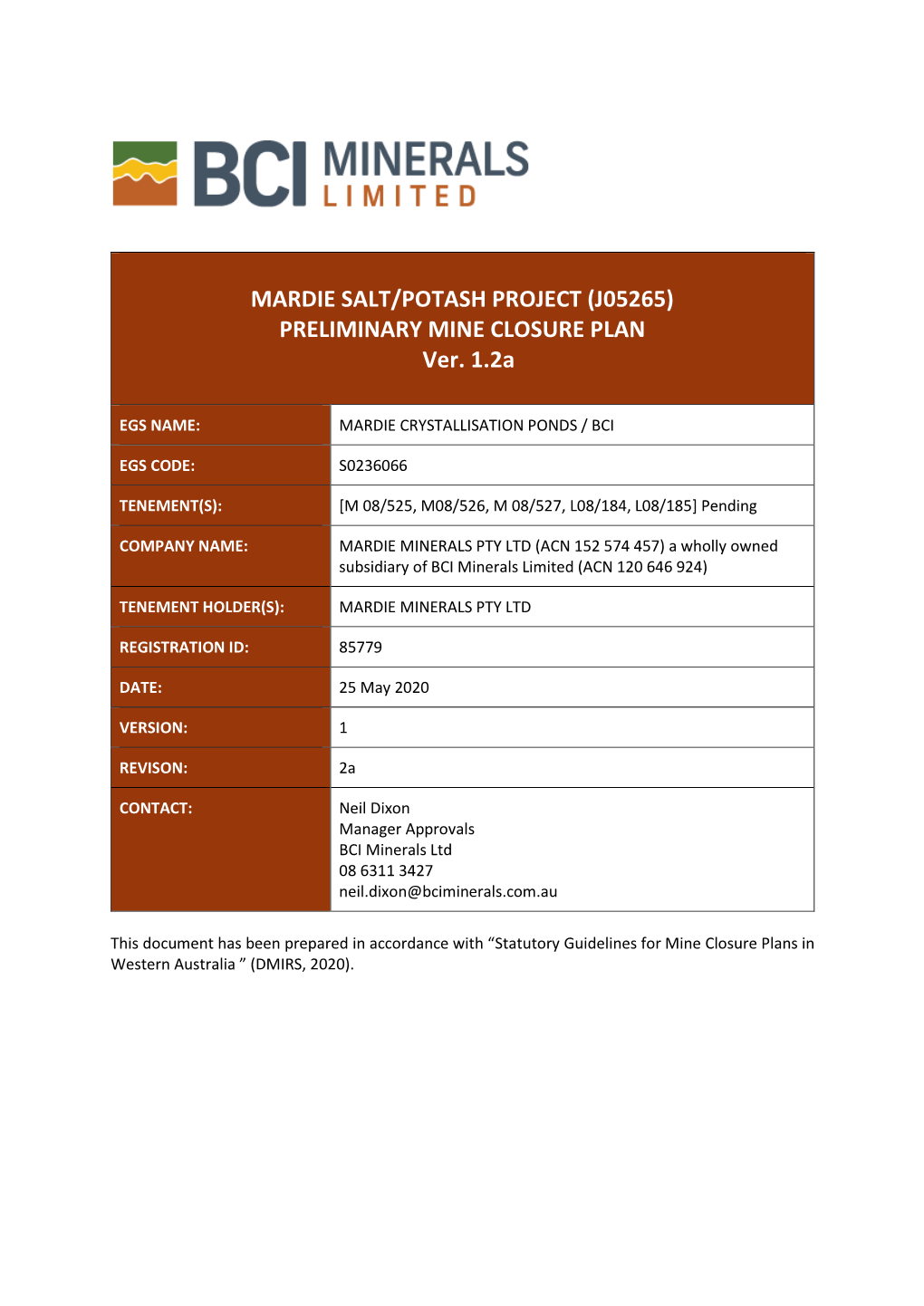 MARDIE SALT/POTASH PROJECT (J05265) PRELIMINARY MINE CLOSURE PLAN Ver. 1.2A