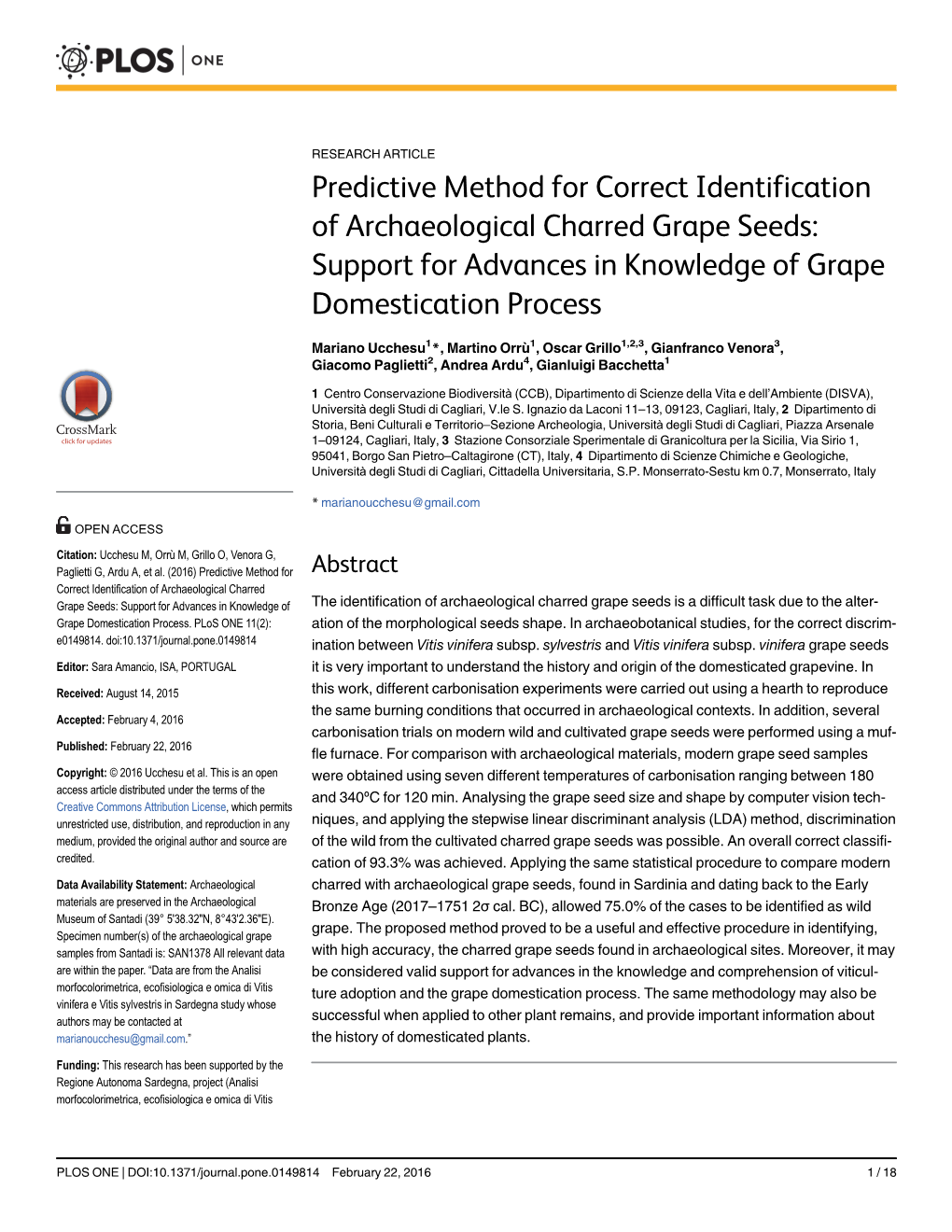 Predictive Method for Correct Identification of Archaeological Charred Grape Seeds: Support for Advances in Knowledge of Grape Domestication Process