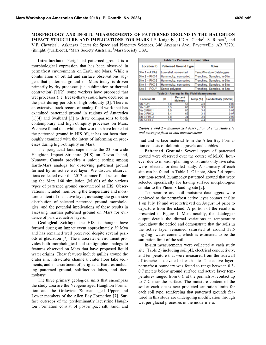 Morphology and In-Situ Measurements of Patterned Ground in the Haughton Impact Structure and Implications for Mars J.P