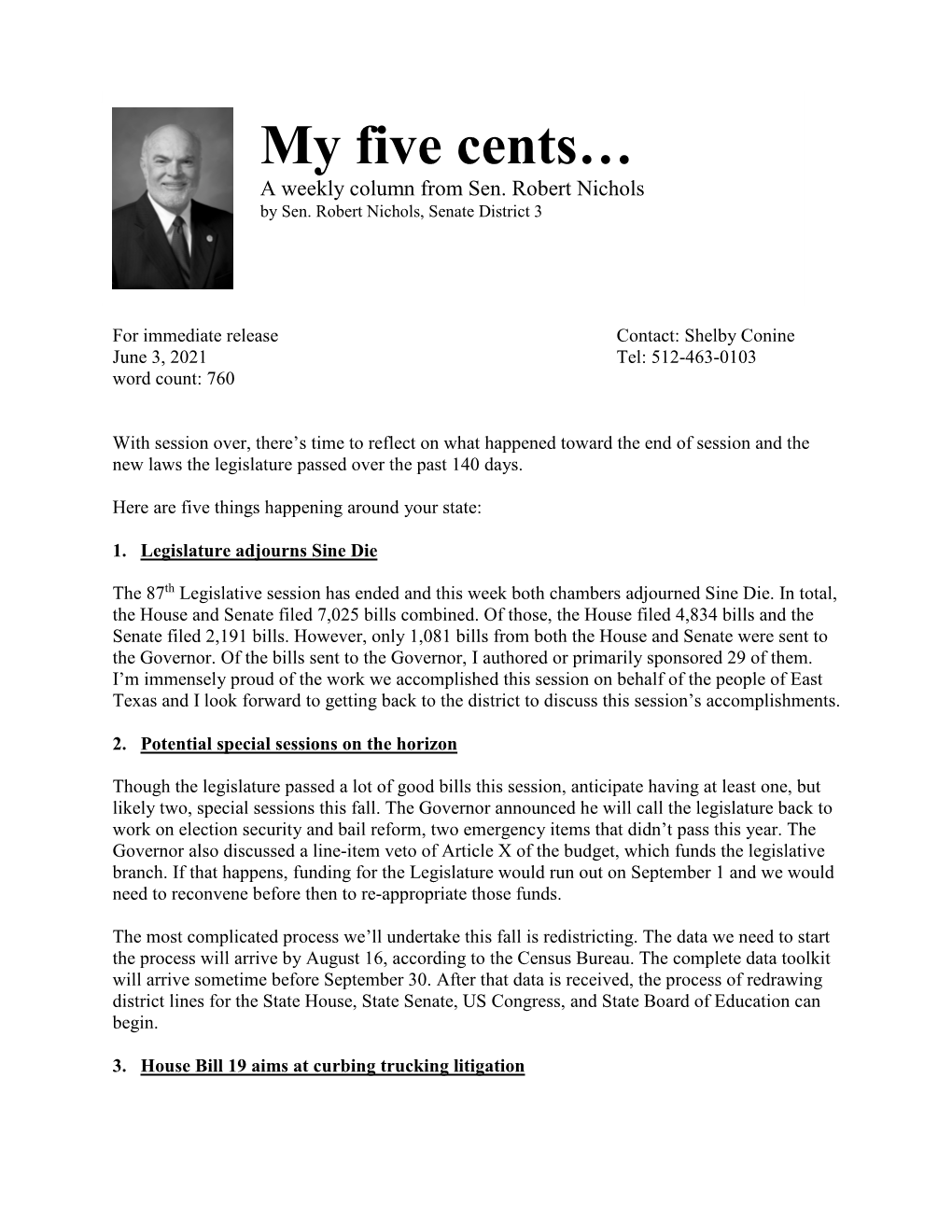 My Five Cents… a Weekly Column from Sen