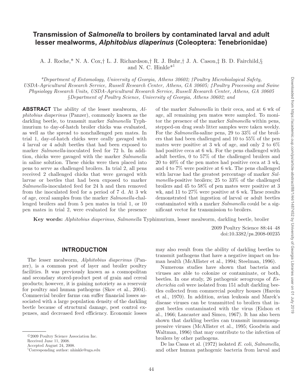 Transmission of Salmonella to Broilers by Contaminated Larval and Adult Lesser Mealworms, Alphitobius Diaperinus (Coleoptera: Tenebrionidae)