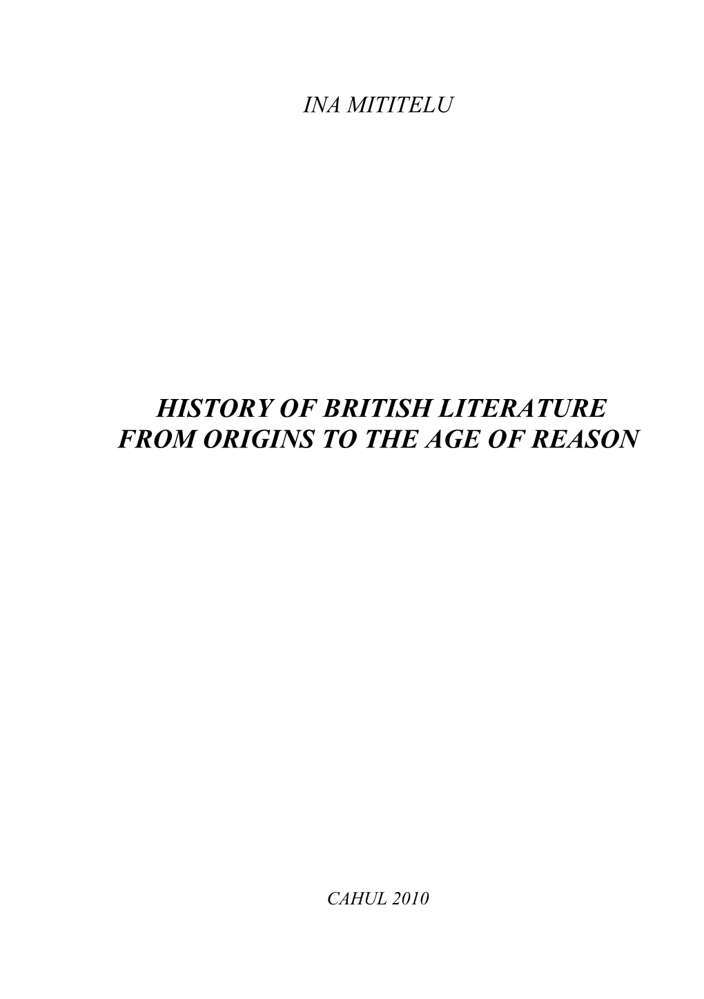 History of British Literature from Origins to the Age of Reason