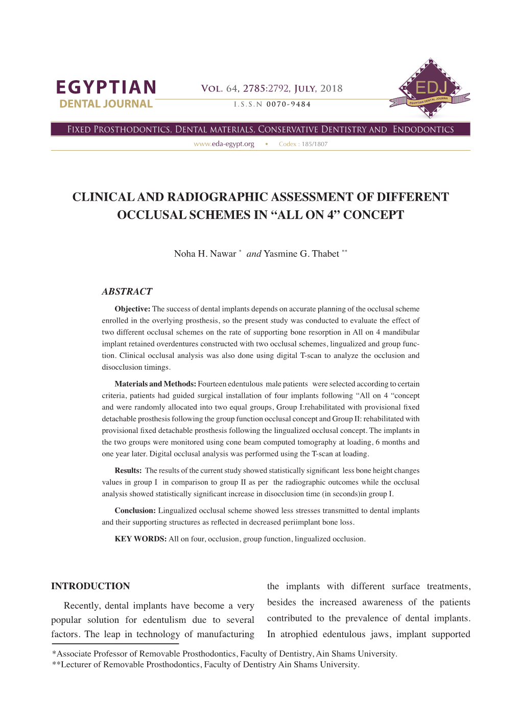 Clinical and Radiographic Assessment of Different Occlusal Schemes in “All on 4” Concept