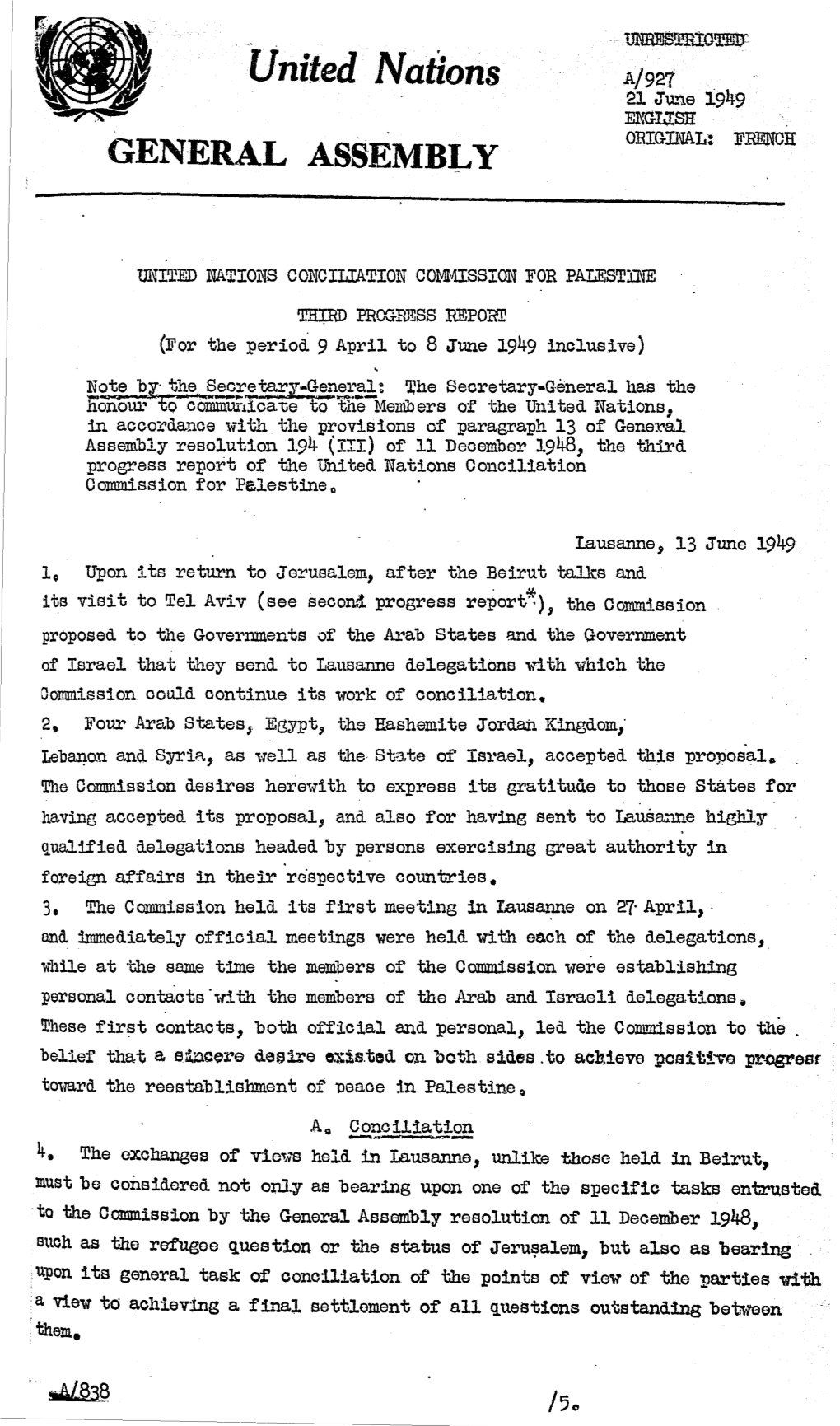 United Nations A/921 21 J\L..'Le 1949 ID.U.IJ:SI:I ORIGINAL: FRENCH GENERAL ASSEMBLY