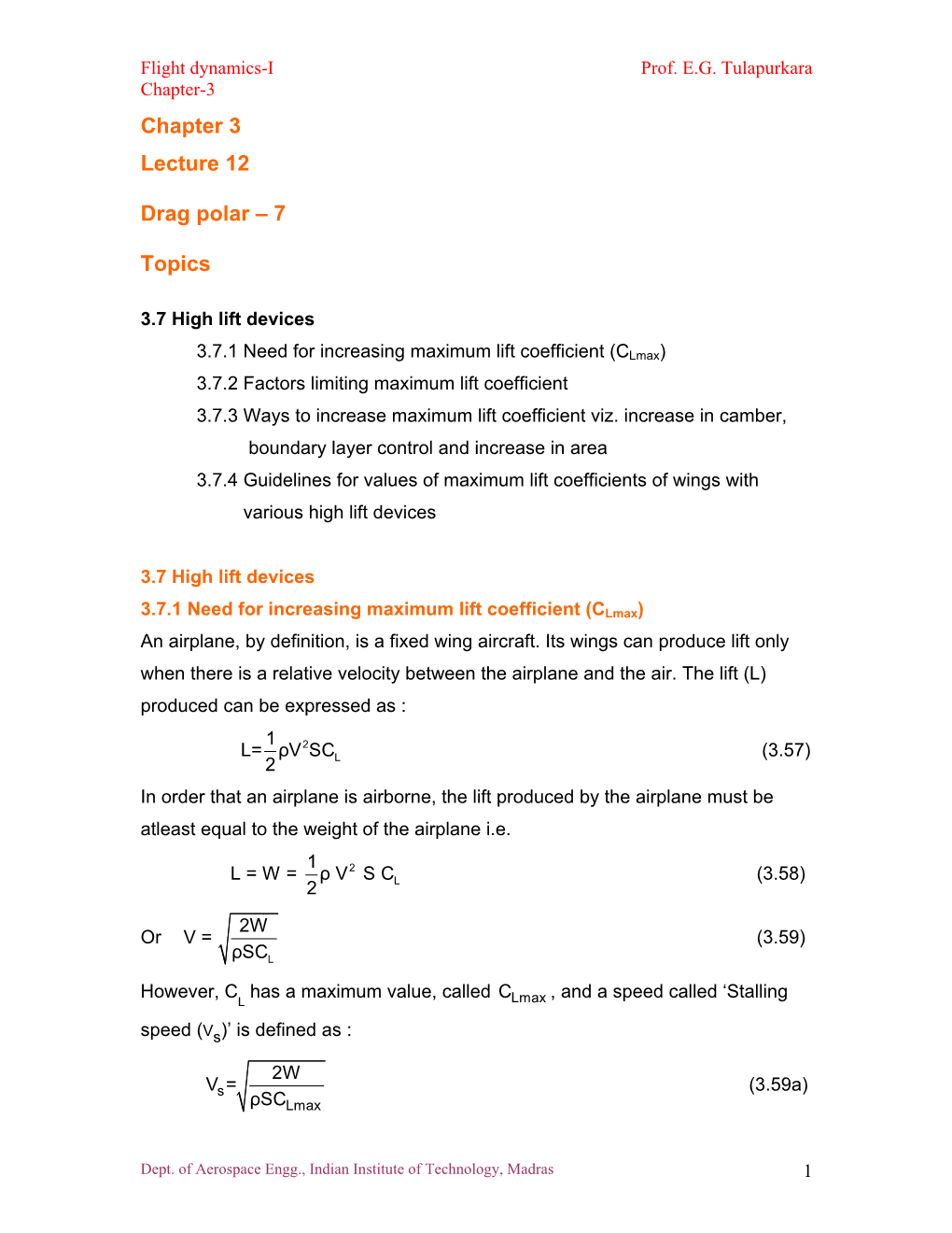 Chapter 3 Lecture 12 Drag Polar – 7 Topics