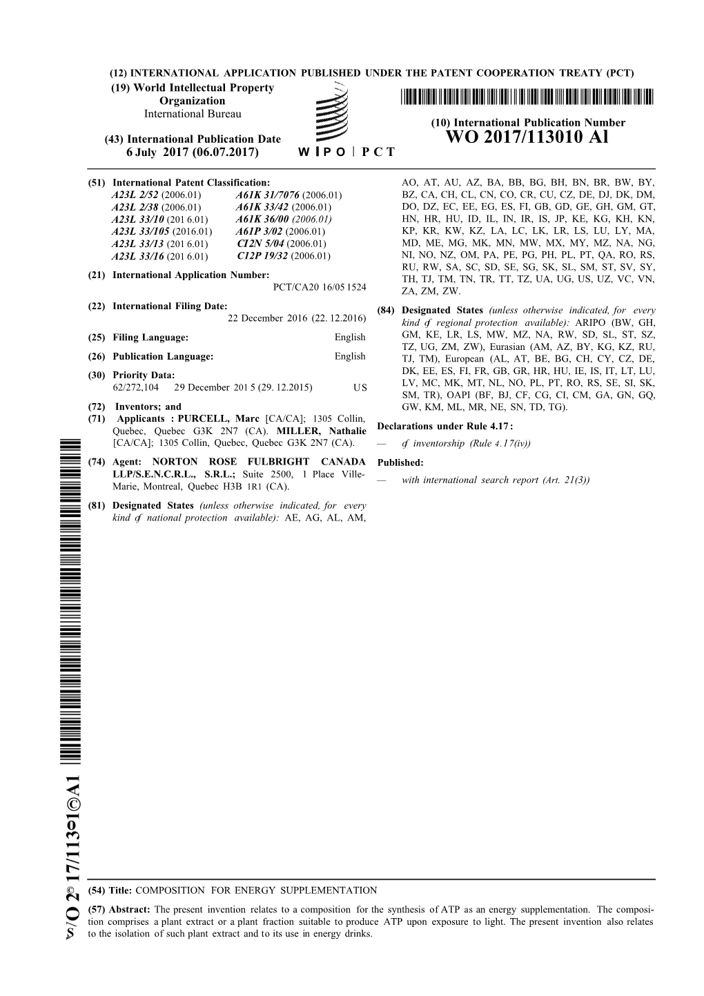 WO 2017/113010 Al 6 July 2017 (06.07.2017) W P O P C T