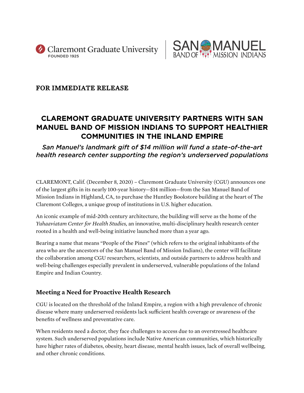 For Immediate Release Claremont Graduate