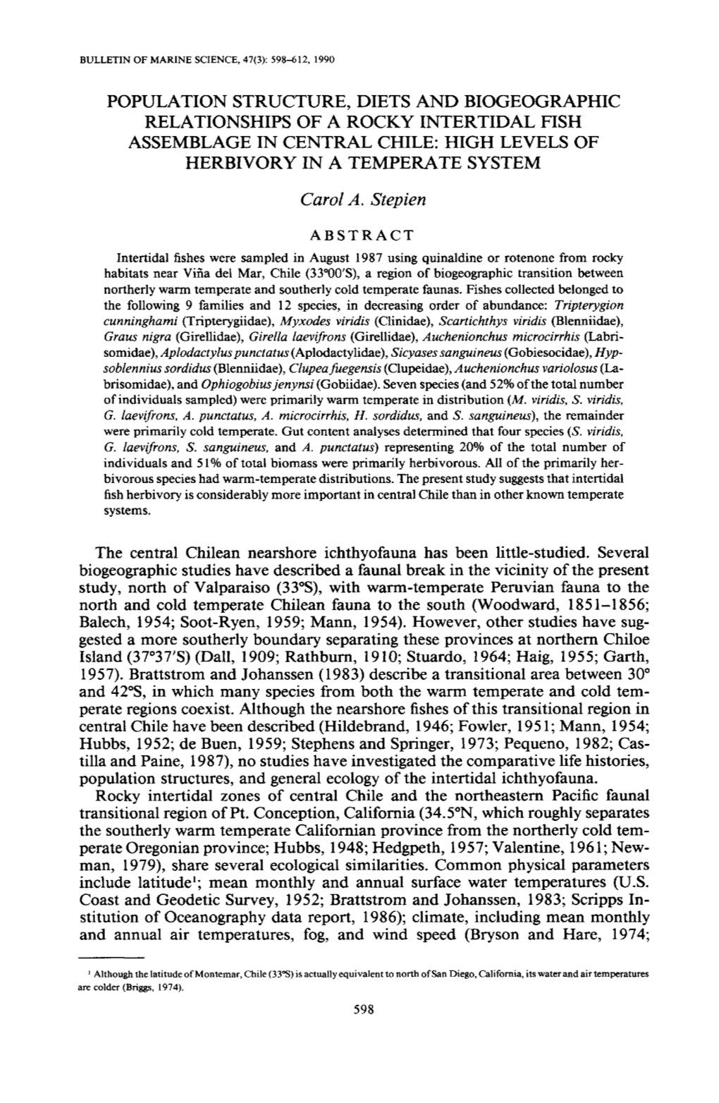 Population Structure, Diets and Biogeographic Relationships of a Rocky Intertidal Fish Assemblage in Central Chile: High Levels of Herbivory in a Temperate System