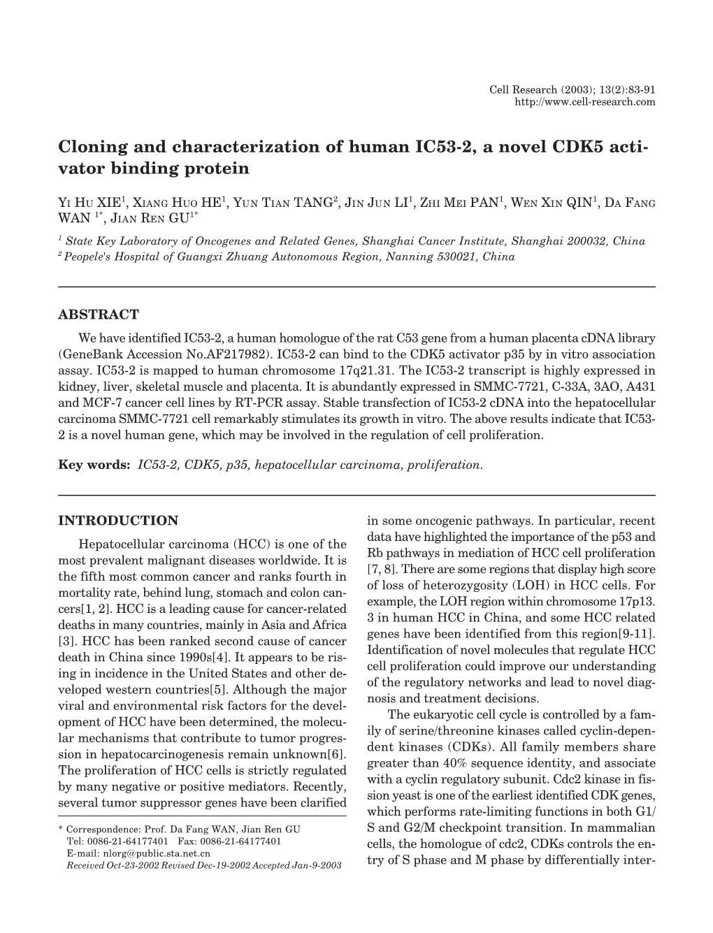 Cloning and Characterization of Human IC53-2, a Novel CDK5 Acti- Vator Binding Protein
