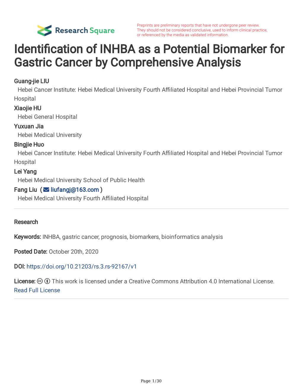 Identi Cation of INHBA As a Potential Biomarker for Gastric Cancer By