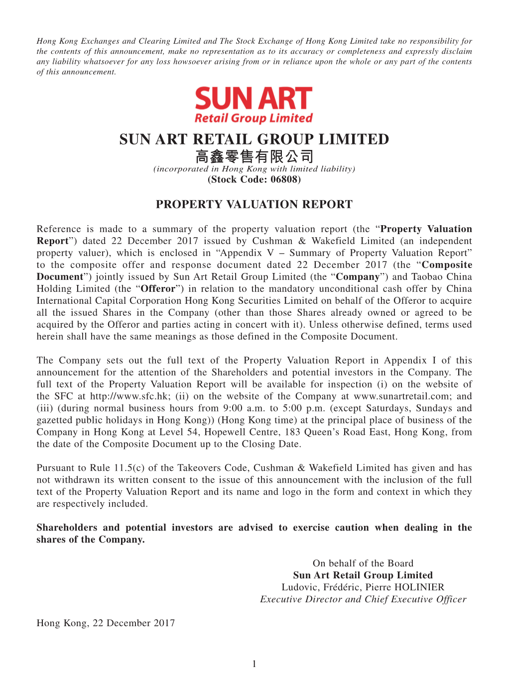 SUN ART RETAIL GROUP LIMITED 高鑫零售有限公司 (Incorporated in Hong Kong with Limited Liability) (Stock Code: 06808)