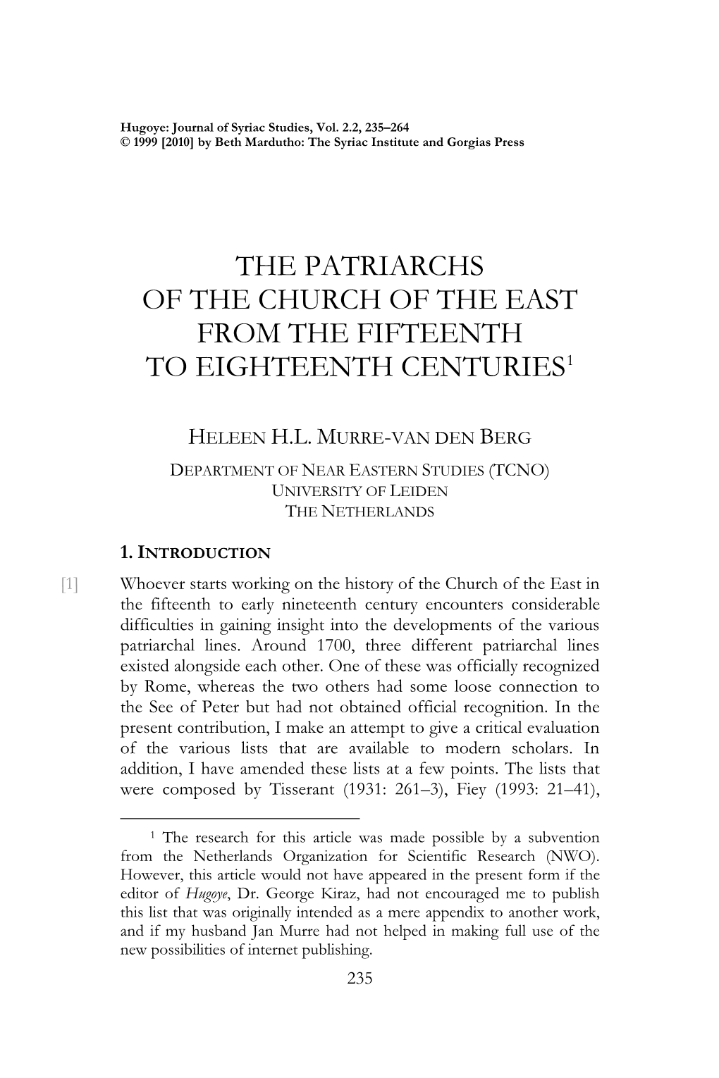 The Patriarchs of the Church of the East from the Fifteenth to Eighteenth Centuries1