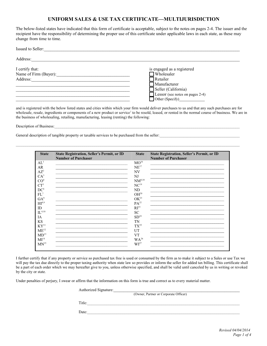 Uniform Sales & Use Tax Certificate—Multijurisdiction