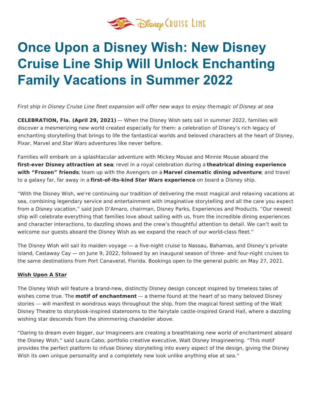 Once Upon a Disney Wish: New Disney Cruise Line Ship Will Unlock Enchanting Family Vacations in Summer 2022