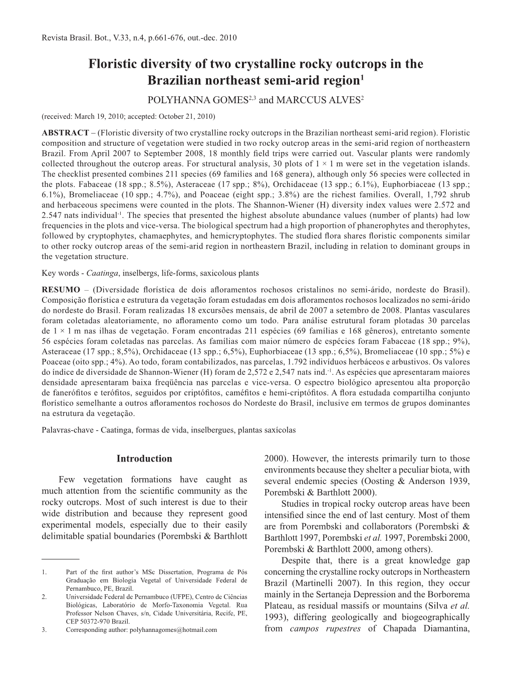 Floristic Diversity of Two Crystalline Rocky Outcrops in The