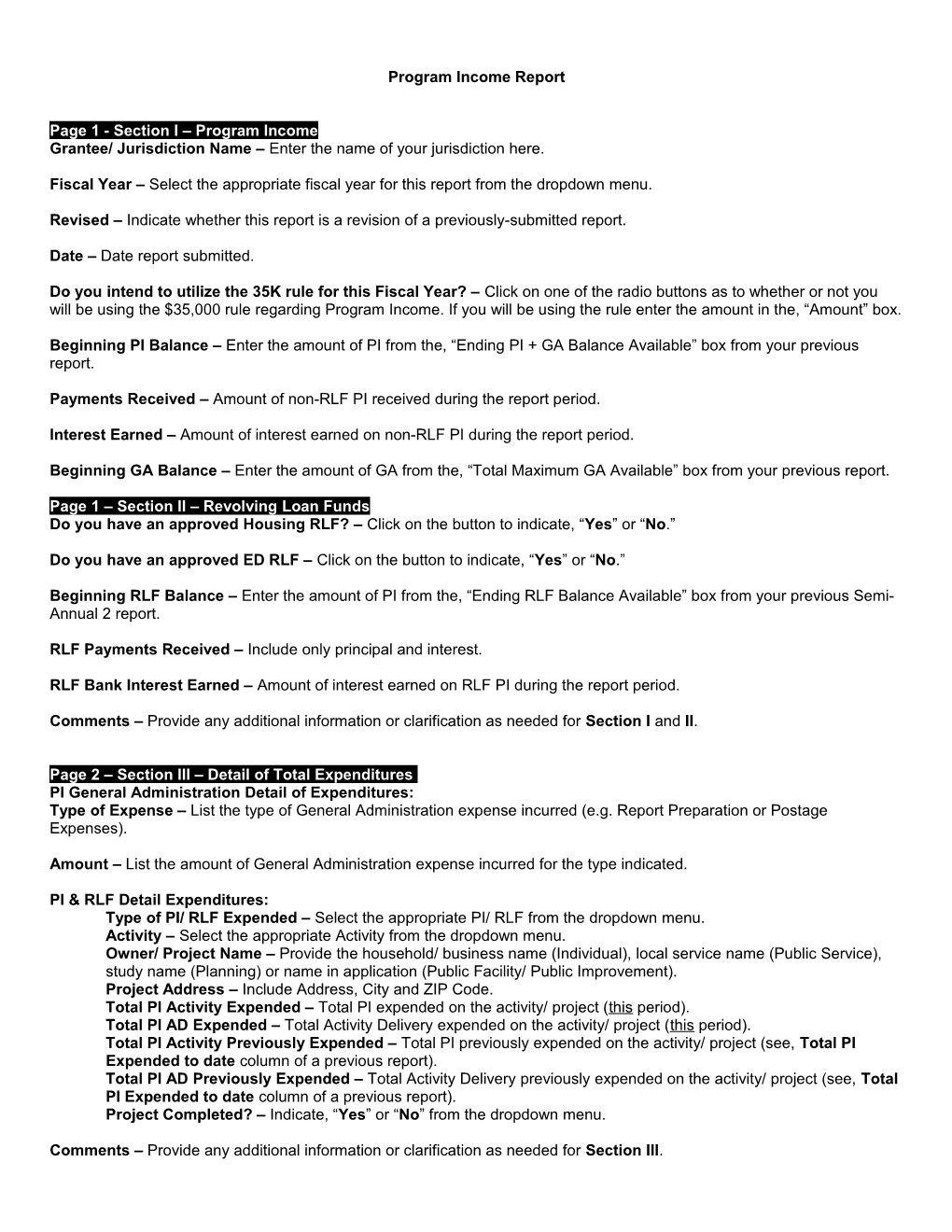 Page 1 - Section I Program Income