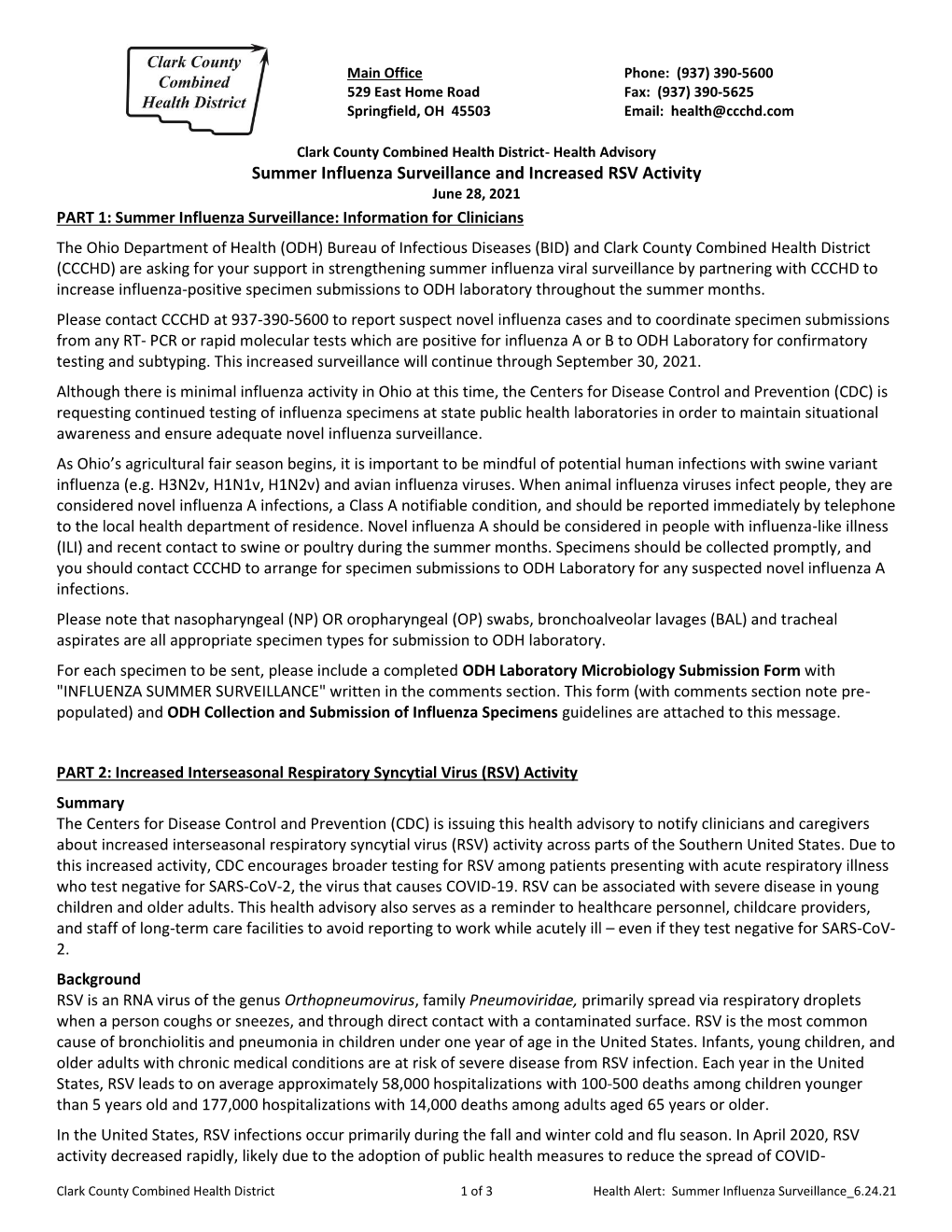 Summer Influenza Surveillance and Increased RSV Activity June 28, 2021