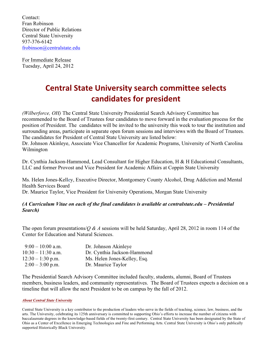 Central State University Search Committee Selects Candidates for President