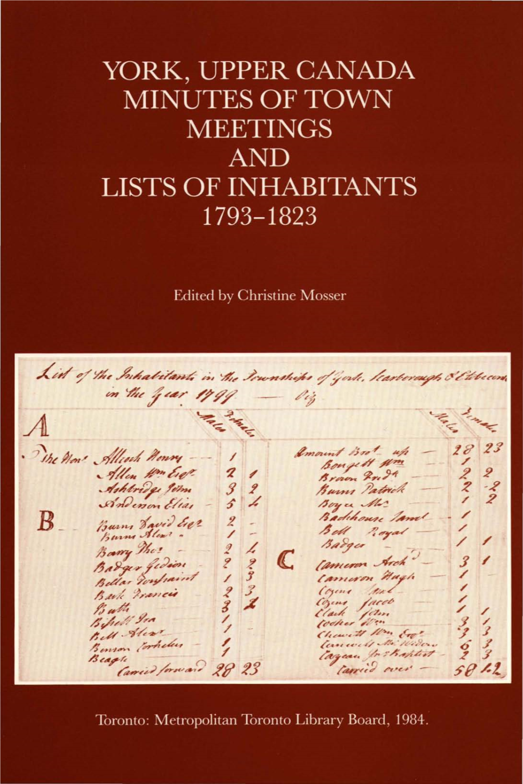 YORK, UPPER CANADA MINUTES of TOWN MEETINGS and LISTS of INHABITANTS 1797-1823 Counal-0Fftce, Dec