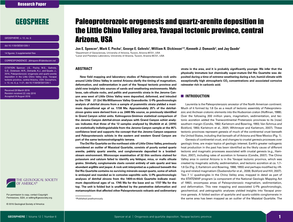 Paleoproterozoic Orogenesis and Quartz-Arenite Deposition in the Little Chino Valley Area, Yavapai Tectonic Province, Central Ar