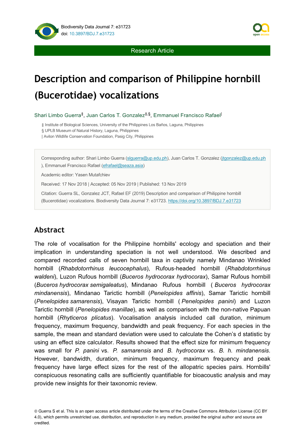 Description and Comparison of Philippine Hornbill (Bucerotidae) Vocalizations