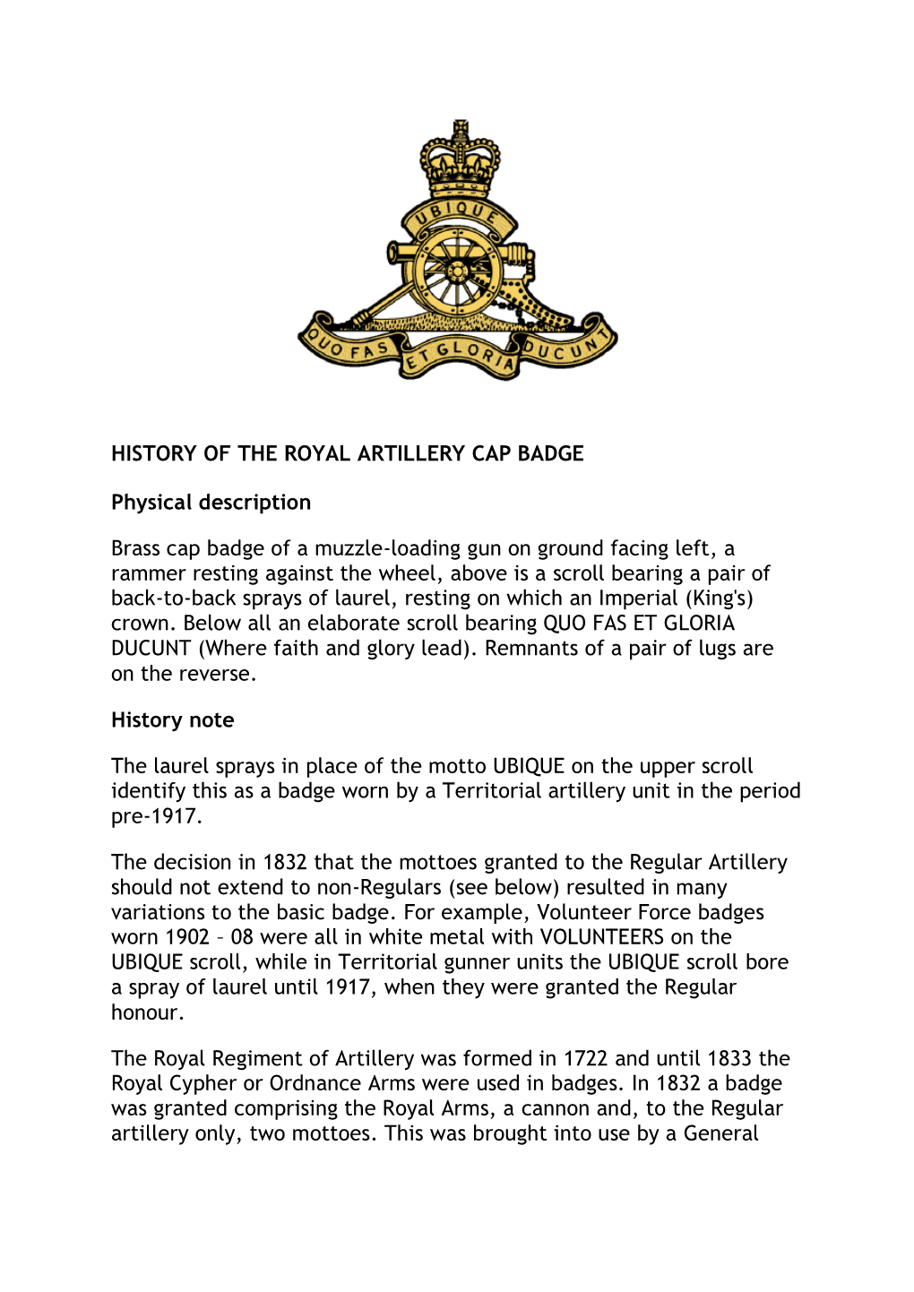 History of the Royal Artillery Cap Badge
