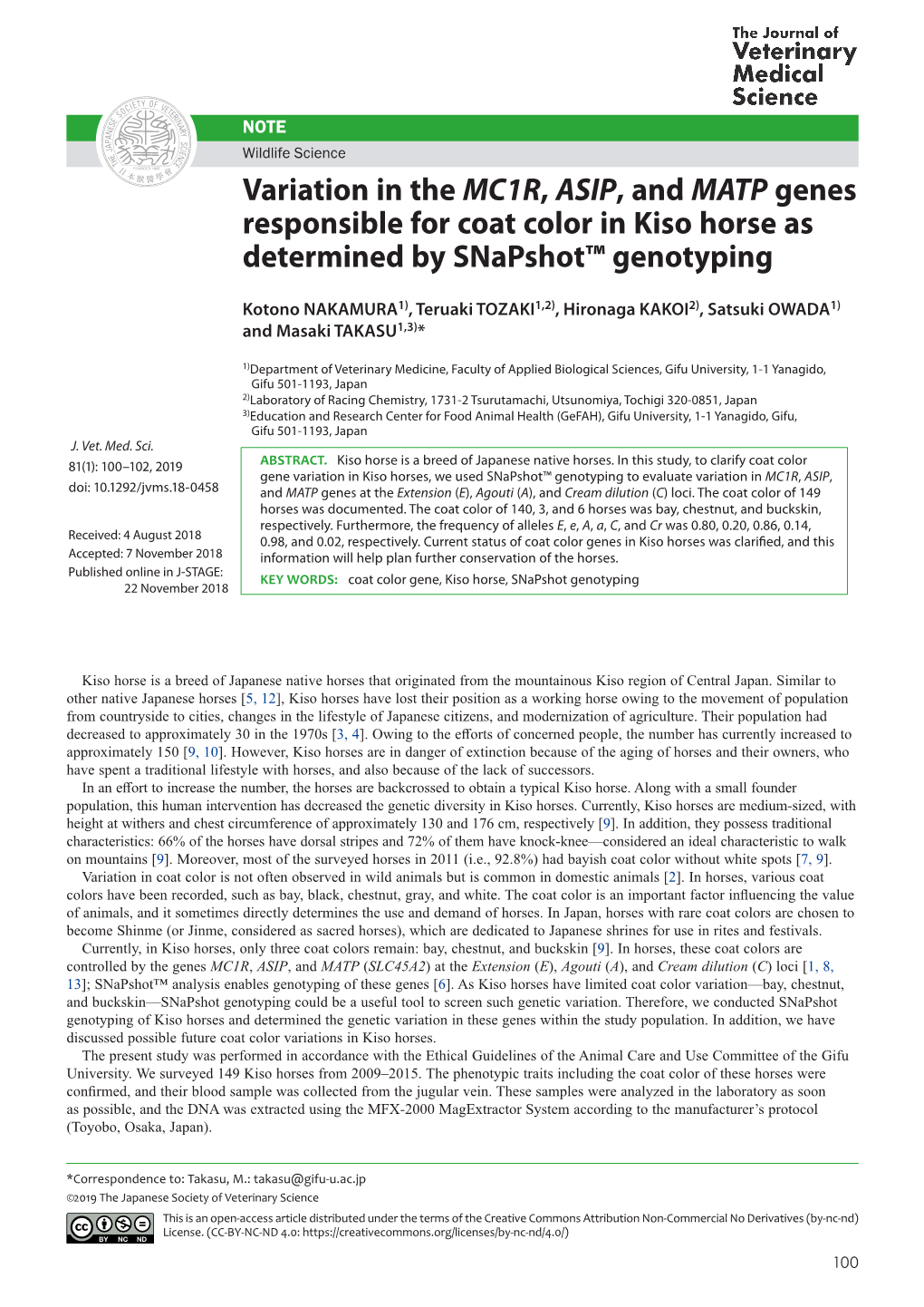 Variation in the MC1R, ASIP, and MATP Genes Responsible for Coat Color in Kiso Horse As Determined by Snapshot™ Genotyping