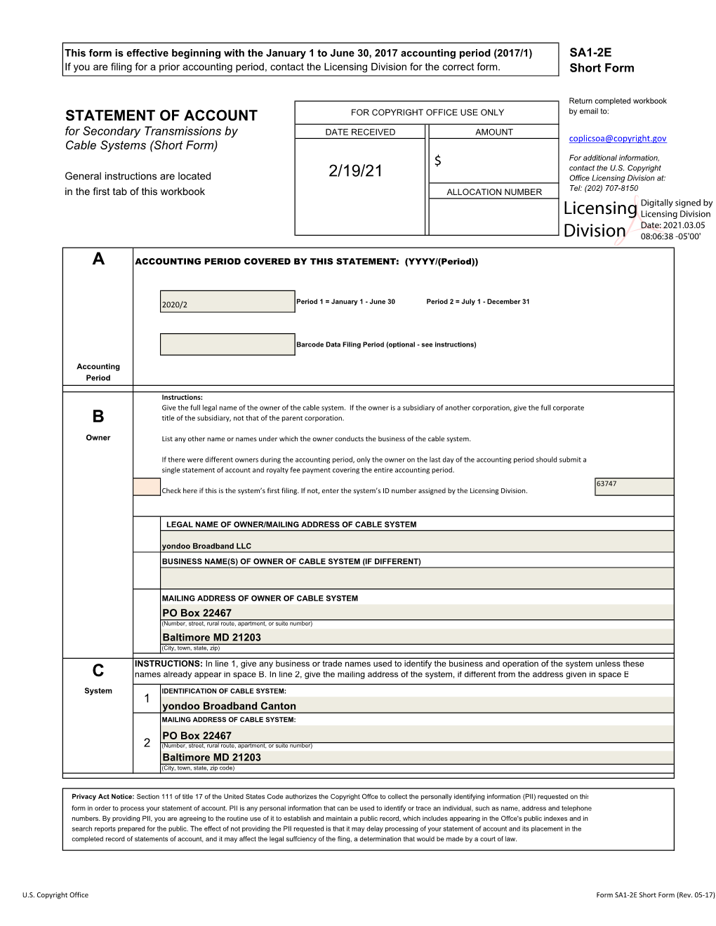 Licensing Division for the Correct Form