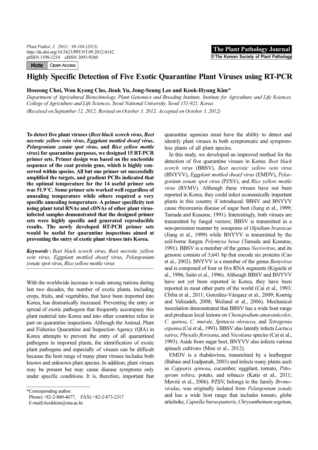 Highly Specific Detection of Five Exotic Quarantine Plant Viruses Using RT-PCR