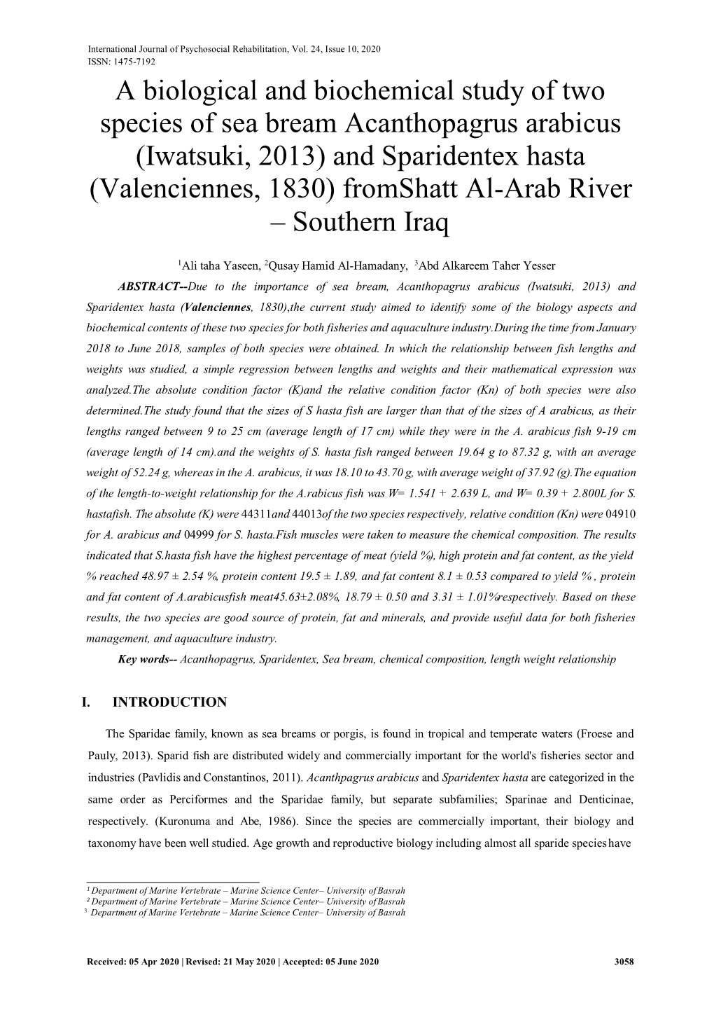 A Biological and Biochemical Study of Two Species of Sea Bream