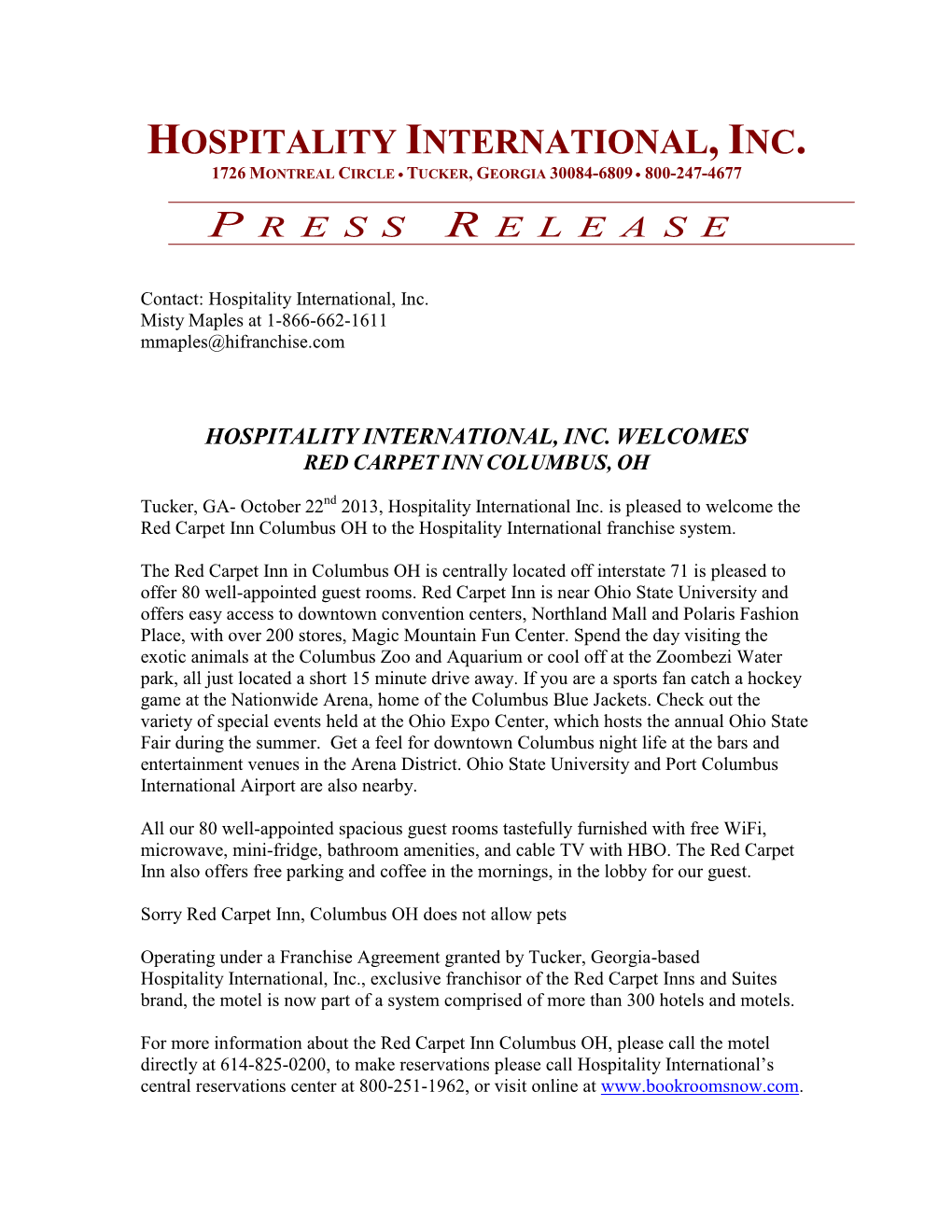 Hospitality International Welcomes the Red Carpet Inn Columbus Ohio